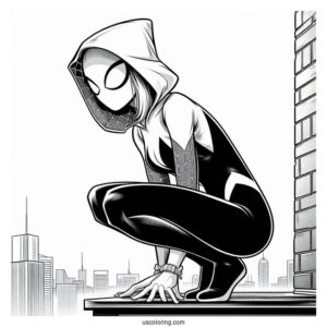 Spider-Gwen Coloring Page Crouched On The Edge Of A Roof