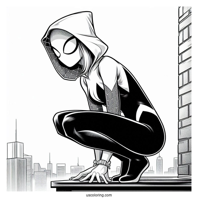 Spider-Gwen Coloring Page Crouched On The Edge Of A Roof