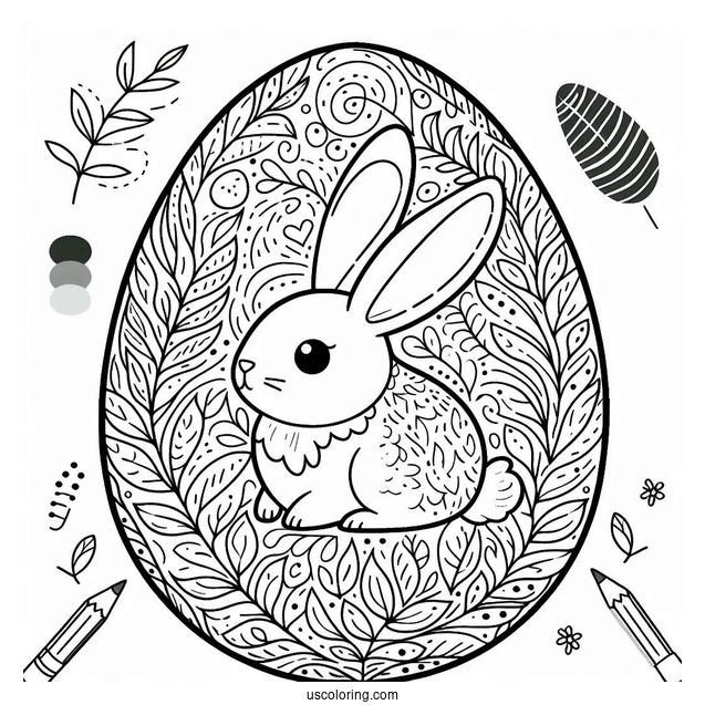Bunny And Leaves Pattern Easter Egg Coloring Page