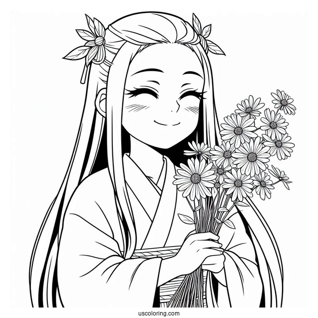 Nezuko Coloring Page Smiling And Holding Wildflowers