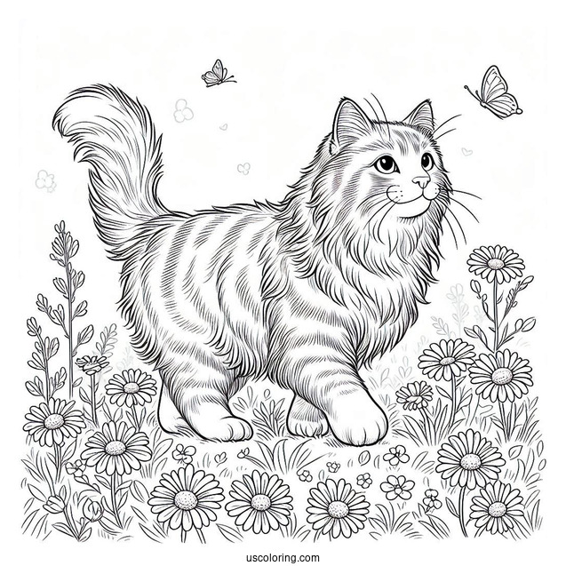 Siberian Cat Walking On Flower Field Coloring In