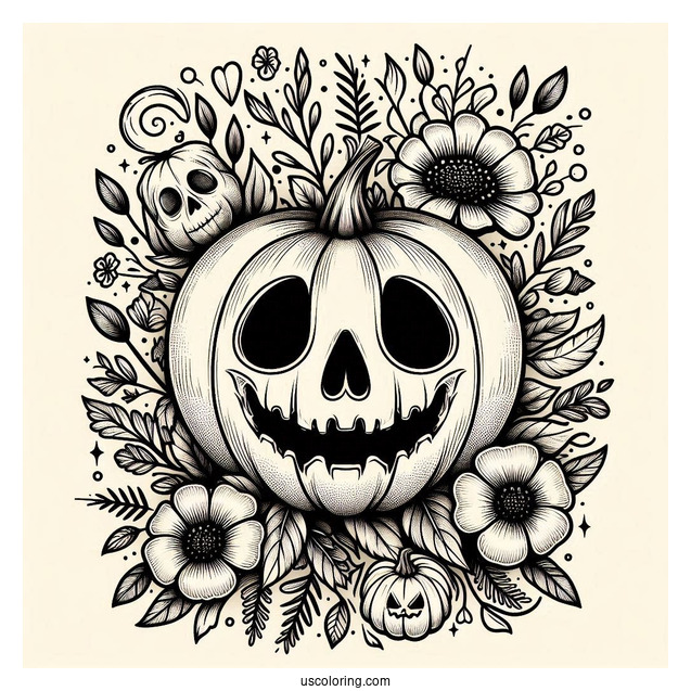 Jack O Lantern Pumpkin Coloring Page With A Skull And Flowers