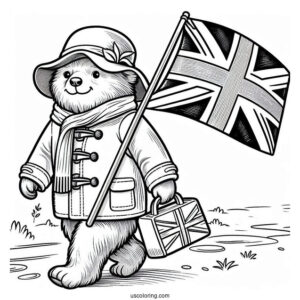 Simple Paddington Coloring Page Waving The British Flag While Walking