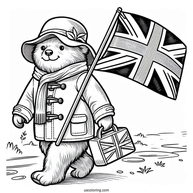 Simple Paddington Coloring Page Waving The British Flag While Walking