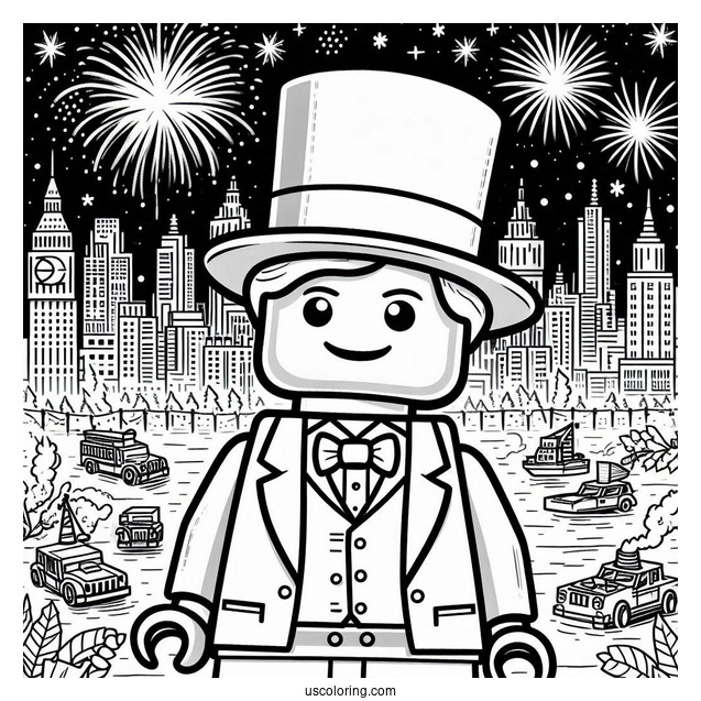 New Year Coloring Page Of Lego Gentleman With City And Fireworks Behind Him For Kids