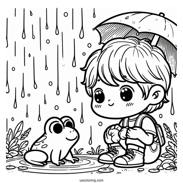Little Boy Looking At Frog Under The Rain Coloring Page
