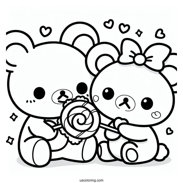 Kawaii Korilakkuma And Kiiroitori Eating Lollipop On Top Of Rilakkuma Coloring Page