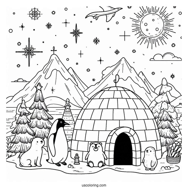 Igloo, Penguins, And Polar Bears In The North Pole Coloring Page For Preschoolers