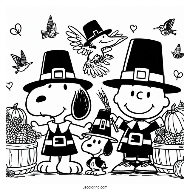 Pilgrim Coloring Page Snoopy And Woodpecker Celebrating Thanksgiving
