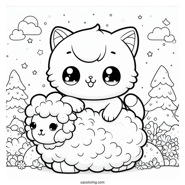 Kawaii Cat Sitting On A Fluffy Sheep Coloring Page