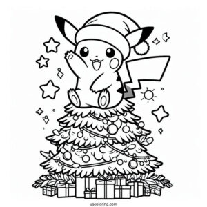 Pokemon Christmas Coloring Page Pikachu Waving From On Top Of A Christmas Tree For Kids