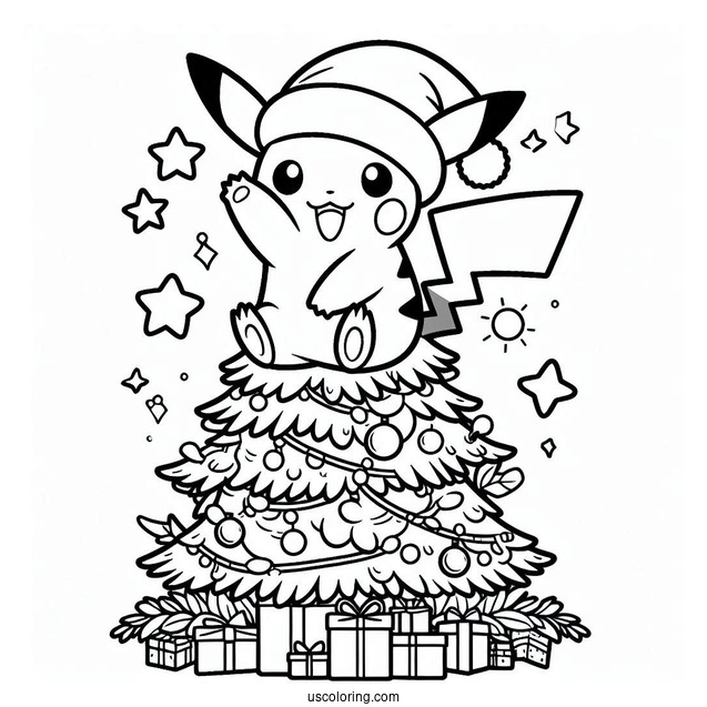 Pokemon Christmas Coloring Page Pikachu Waving From On Top Of A Christmas Tree For Kids