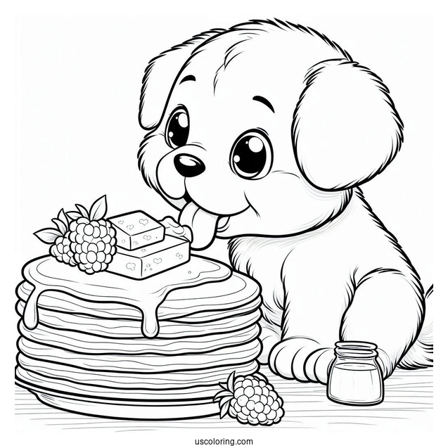 Puppy Licking Large Pancake Coloring Page With Butter And Berries