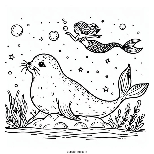 Seal Coloring Page Swimming With A Mermaid