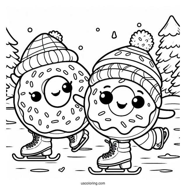 Excited Donut Coloring Page Ice Skating In Winter
