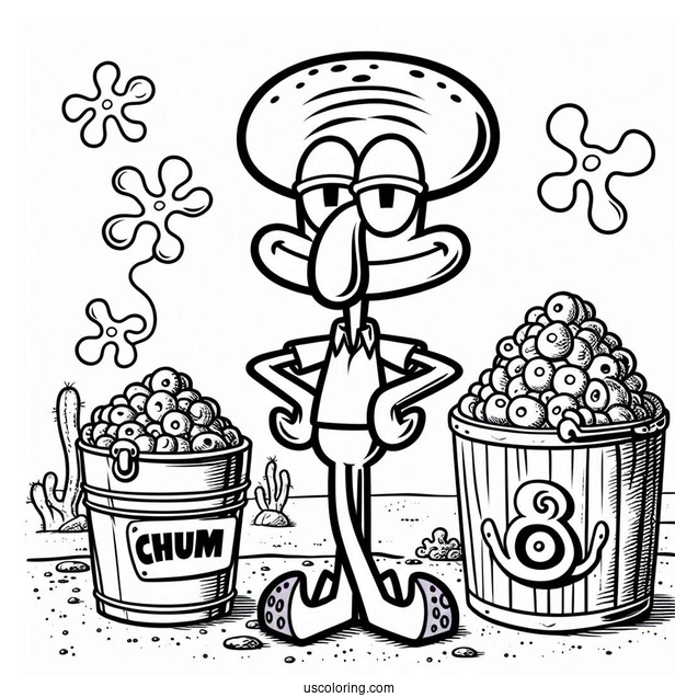 Handsome Squidward Coloring Page Posing In Front Of Chum Bucket