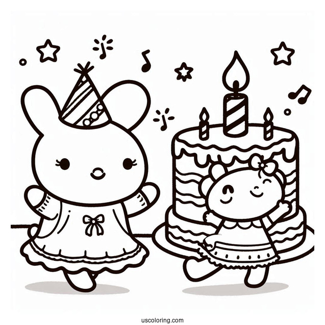 Miffy Coloring Page Of Melanie, And Poppy Pig Dancing In Front Of Birthday Cake