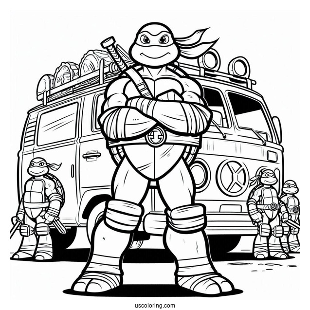 Ninja Turtles Coloring Page Of Donatello Standing In Front Of Turtle Van