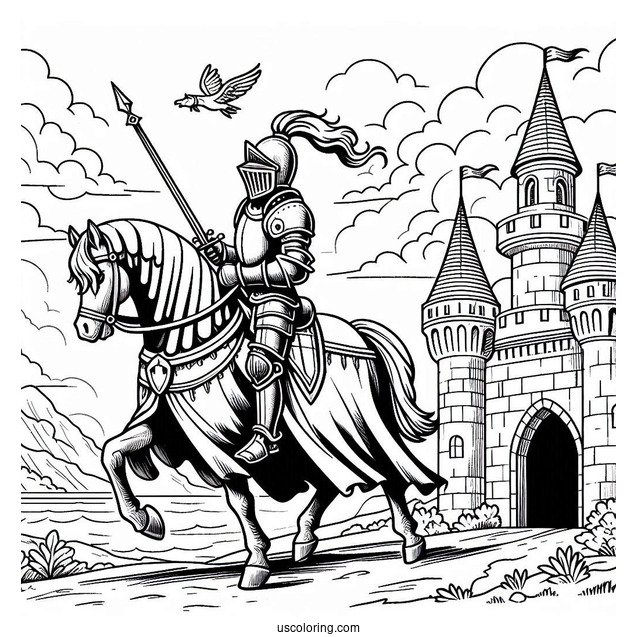 Knight On A Horse Leaving Castle Coloring Sheet