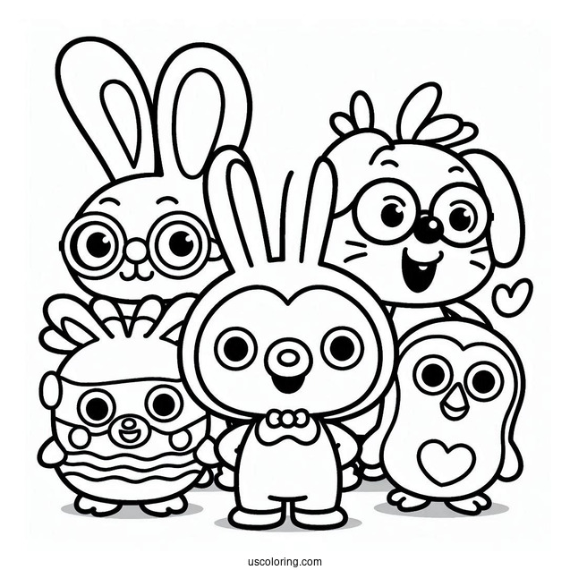 Pororo Coloring Page Of Petty, Loopy, Eddy, Poby, Harry, Tongtong, And Rody