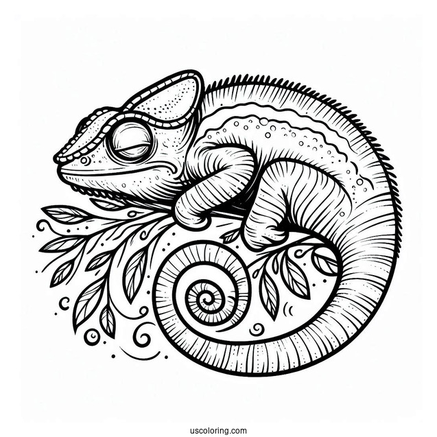 Lizard Coloring Page of Chameleon With Curled Tail Sleeping
