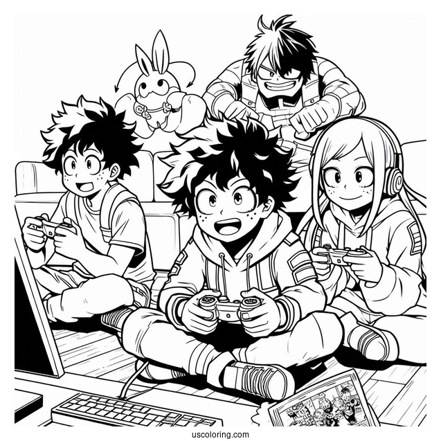 Full Page My Hero Academia Deku Coloring Page Playing Video Game With Friends