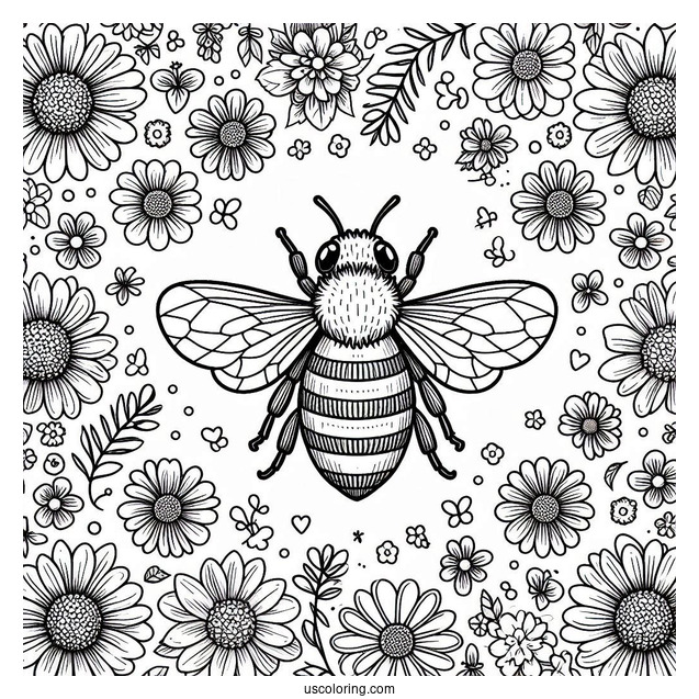 Top View of Bee Coloring Page Surrounded By Flowers