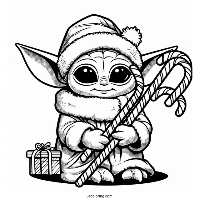 Baby Yoda Christmas Coloring Page With Candy Canes