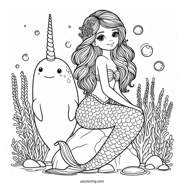 Mermaid Sitting On A Rock With Narwhal Coloring Page Underwater