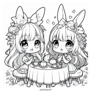 Chibi Coloring Page Girl Wearing Bunny Ears Hosting an Outdoor Tea Party