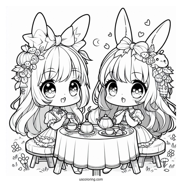 Chibi Coloring Page Girl Wearing Bunny Ears Hosting an Outdoor Tea Party
