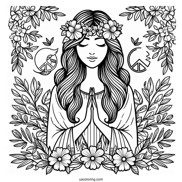 Peace Coloring Page Word And Symbol With Woman And Flowers