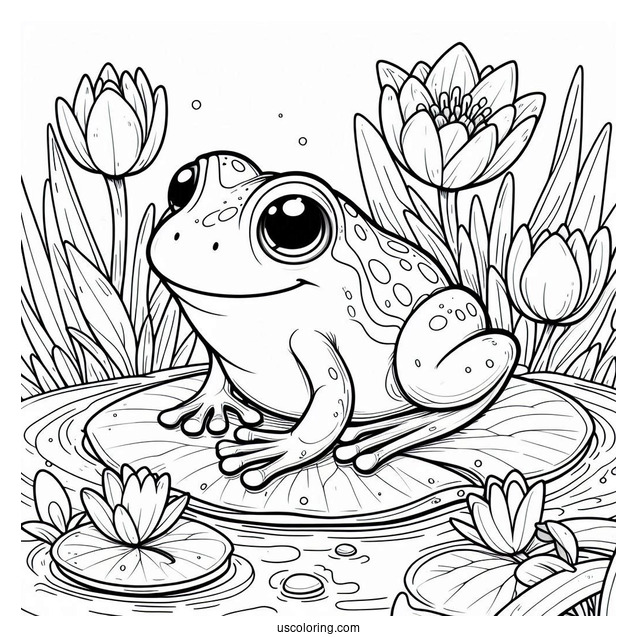 Frog On Lily Pad In Spring Coloring Page