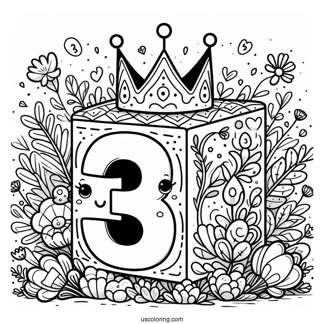 Numberblocks Coloring Page 3 Wearing Crown