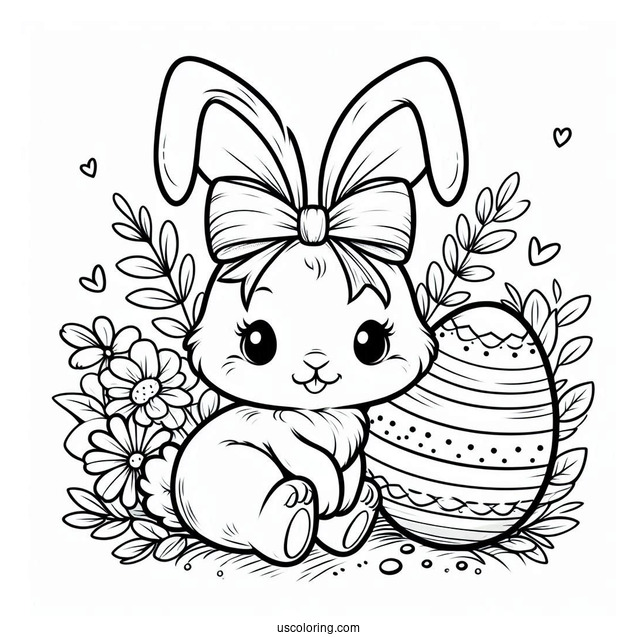 Easter Bunny Coloring Page With Large Bow And Easter Egg