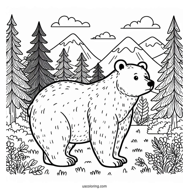 Easy Adult Bear Coloring Page Standing In Forest For Kids