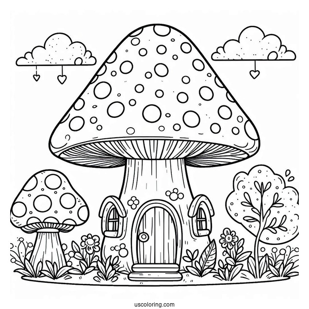 Adorable Mushroom Coloring Page House For Kids