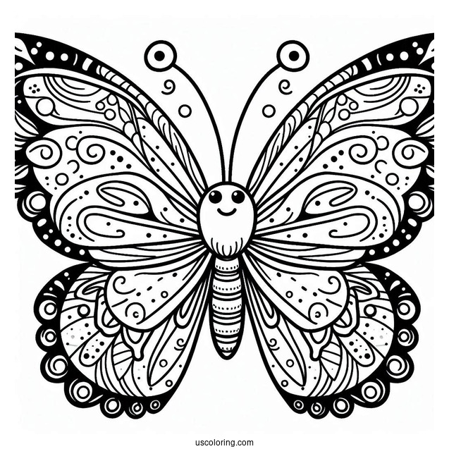 Simple Smiling Butterfly Coloring Page With Detailed Wings