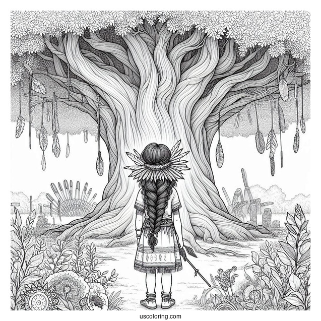 Realistic Native American Coloring Page Girl Standing Under Huge Tree