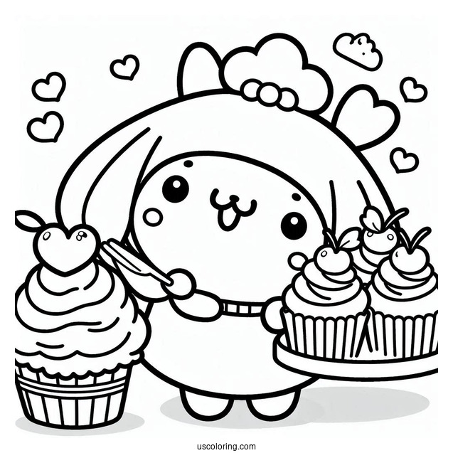 Kawaii Pompompurin Serving Cupcakes Coloring Page