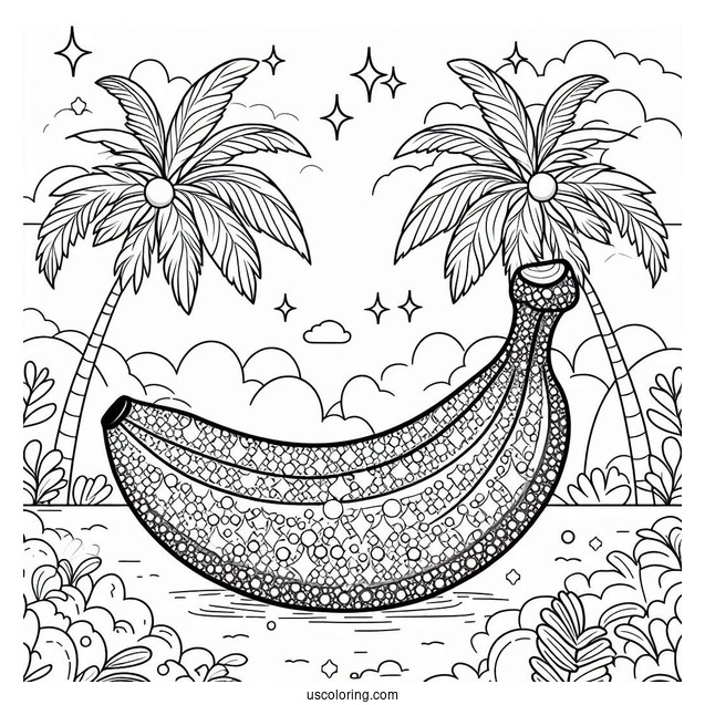 Sparkling Banana Coloring Page With Coconut Trees In The Background