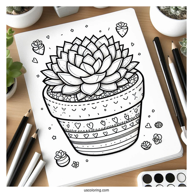 Cute Coloring Page Succulents In A Pot