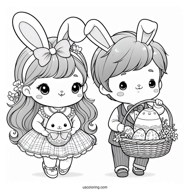 Girl And Boy Easter Bunny Coloring Page Carrying Easter Egg With Bow