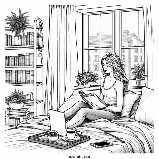 Woman Reading On A Window Bay With Laptops And Books Bedroom Coloring Page