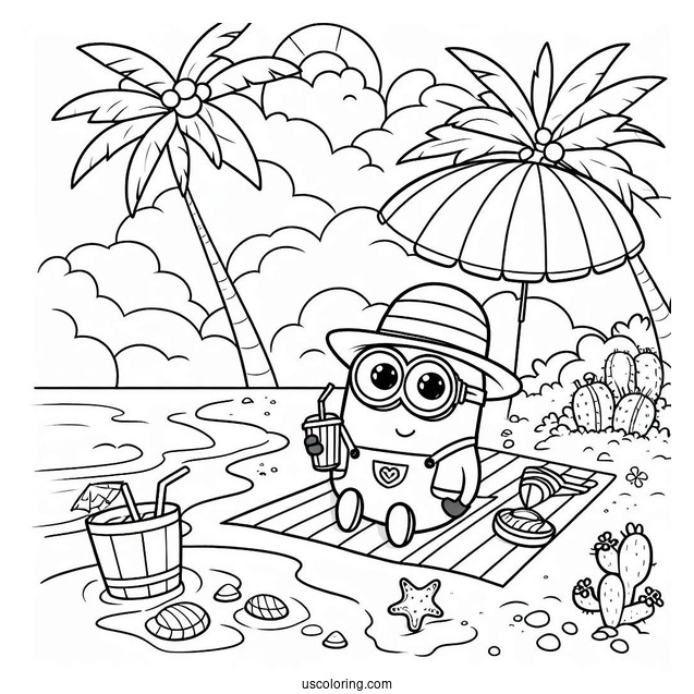 Cute Minion At The Beach Coloring Page For Kids