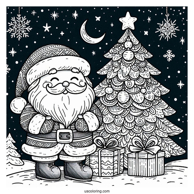 New Year Coloring Page Of Santa Claus Beside A Christmas Tree On Snowy Night