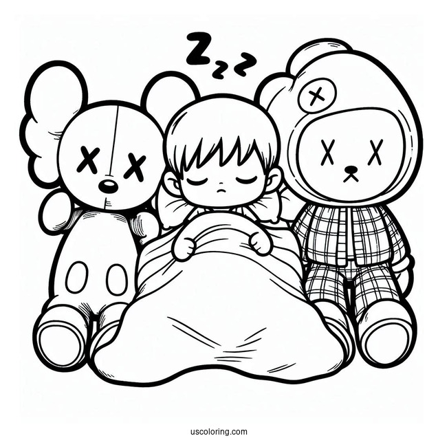 Child Sleeping Between KAWS Coloring Page Companion And Chum
