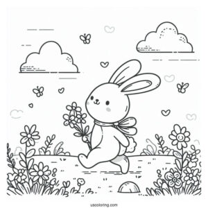 Cute Coloring Page Rabbit Hiking On A Flower Field