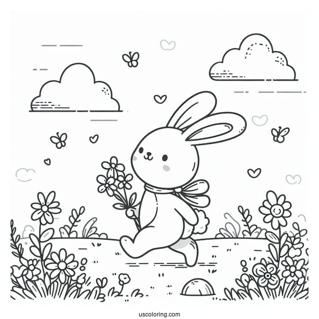Cute Coloring Page Rabbit Hiking On A Flower Field