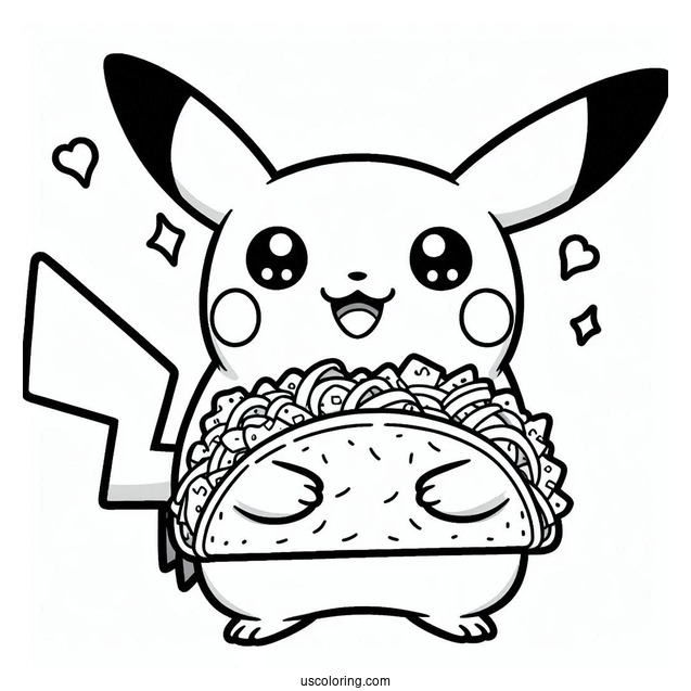 Easy Pikachu Holding A Taco Coloring Sheet For Kids